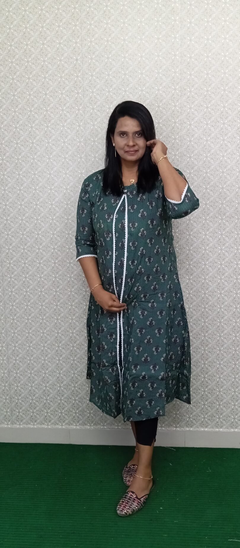 COTTON JACKET TYPE KURTIS GREEN WITH FLOWER PRINT- SAL004 - Image 2