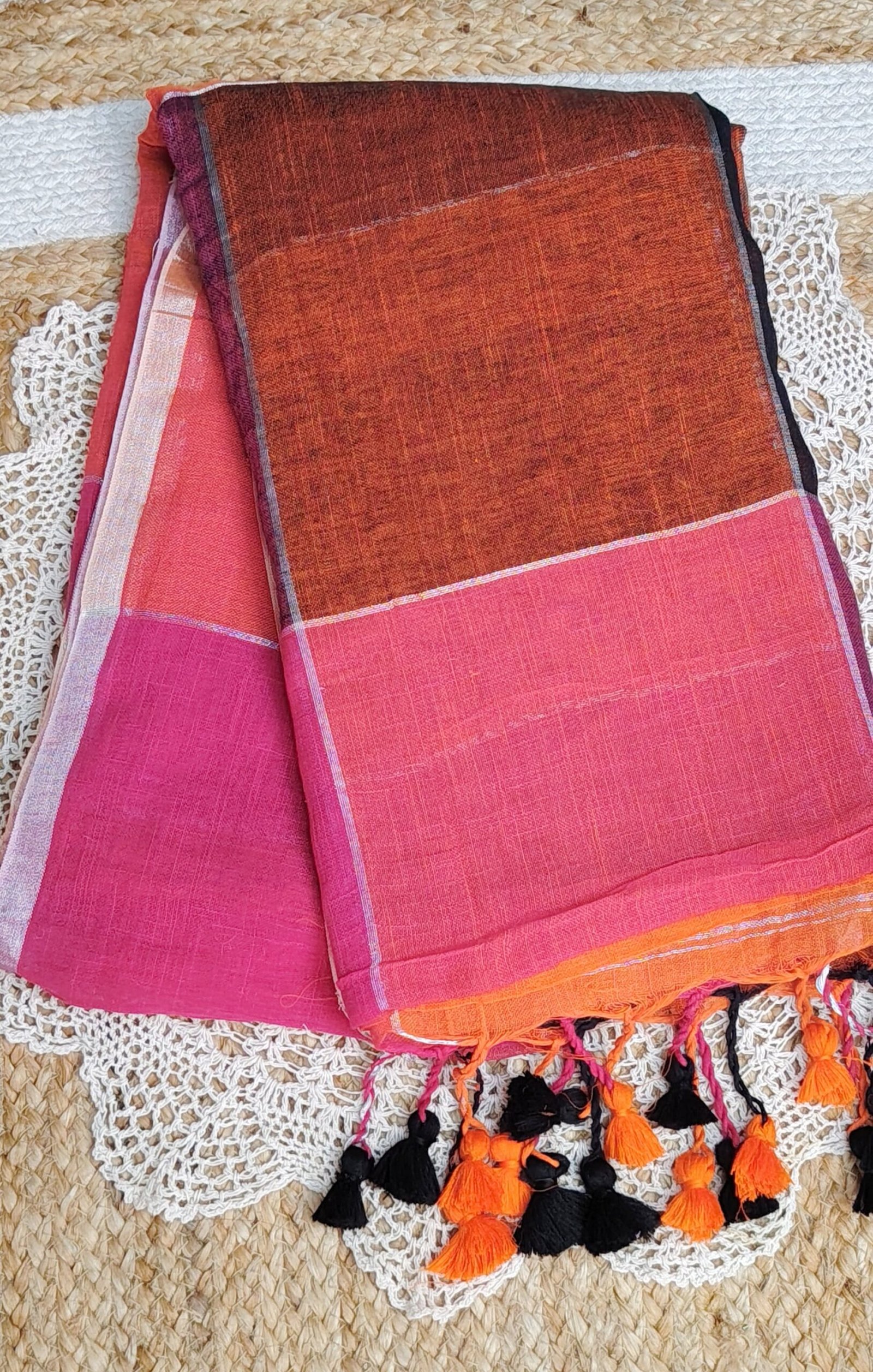LINEN COTTON SAREE WITH TASSELS - SAL559