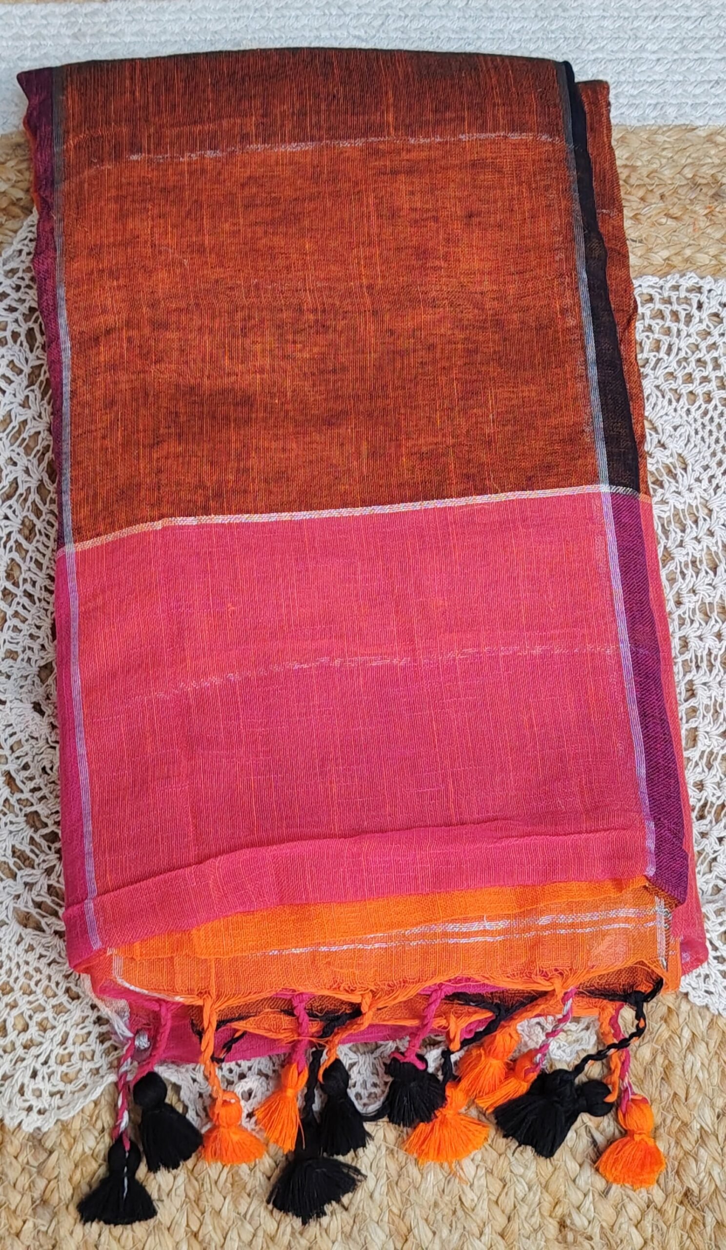 LINEN COTTON SAREE WITH TASSELS - SAL559 - Image 5
