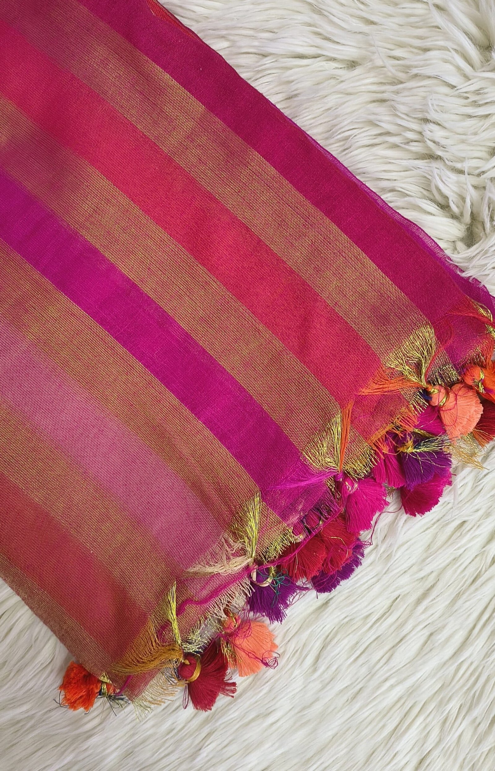 TISSUE COTTON SAREE WITH MULTI COLOUR TASSELS - SAL583