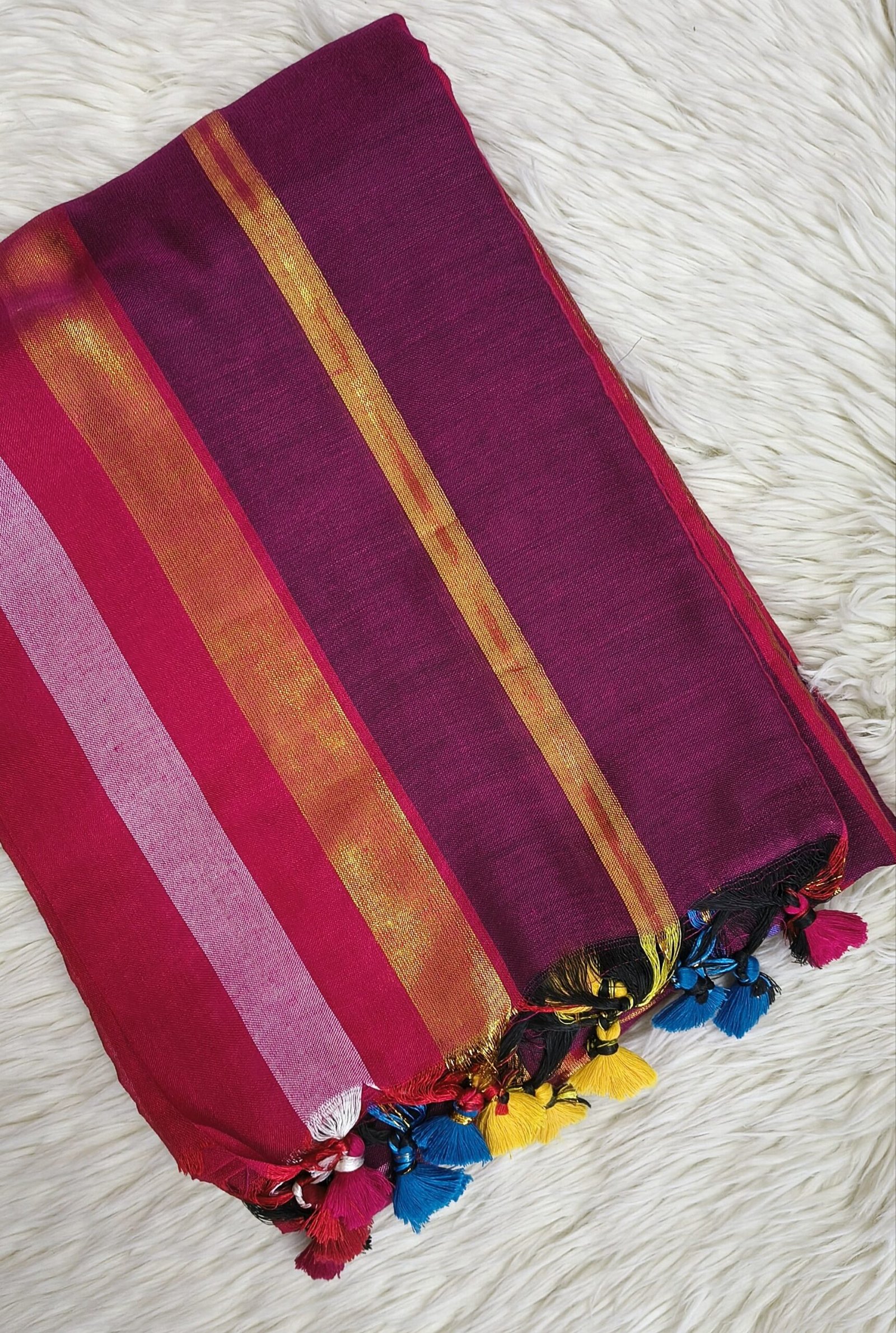 MUL COTTON SAREE WITH MULTI COLOR TASSELS- SAL602