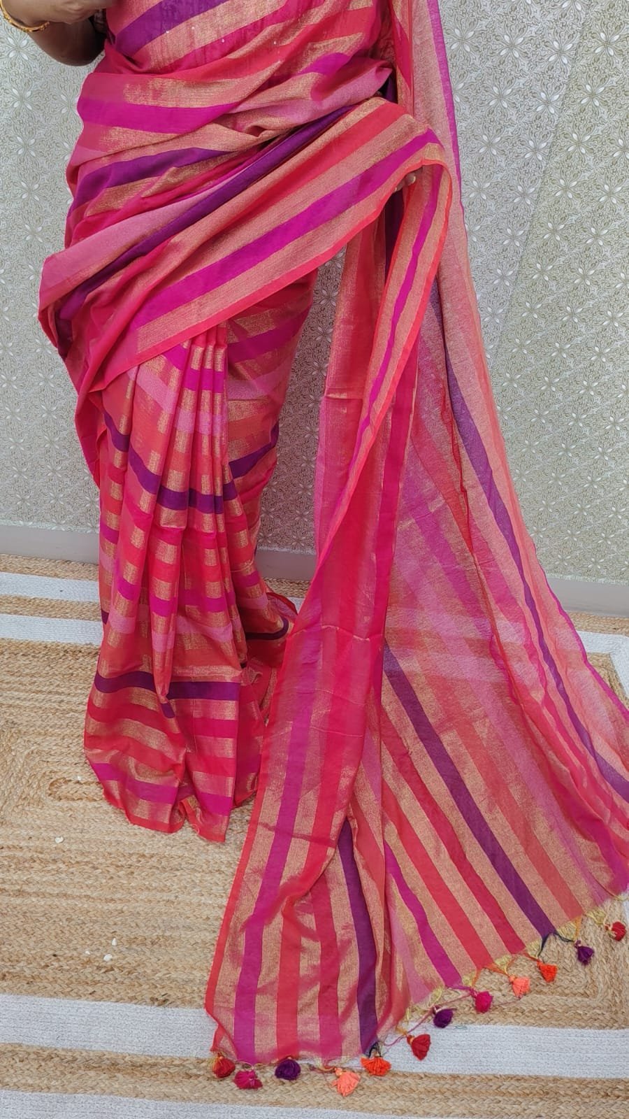 TISSUE COTTON SAREE WITH MULTI COLOUR TASSELS - SAL583 - Image 2