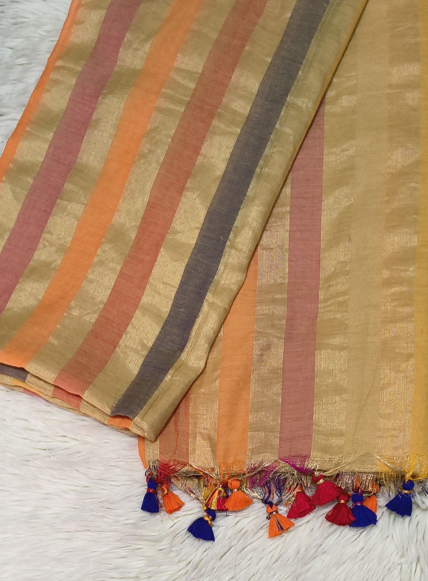 TISSUE COTTON SAREE WITH MULTI COLOUR TASSELS - SAL604 - Image 2