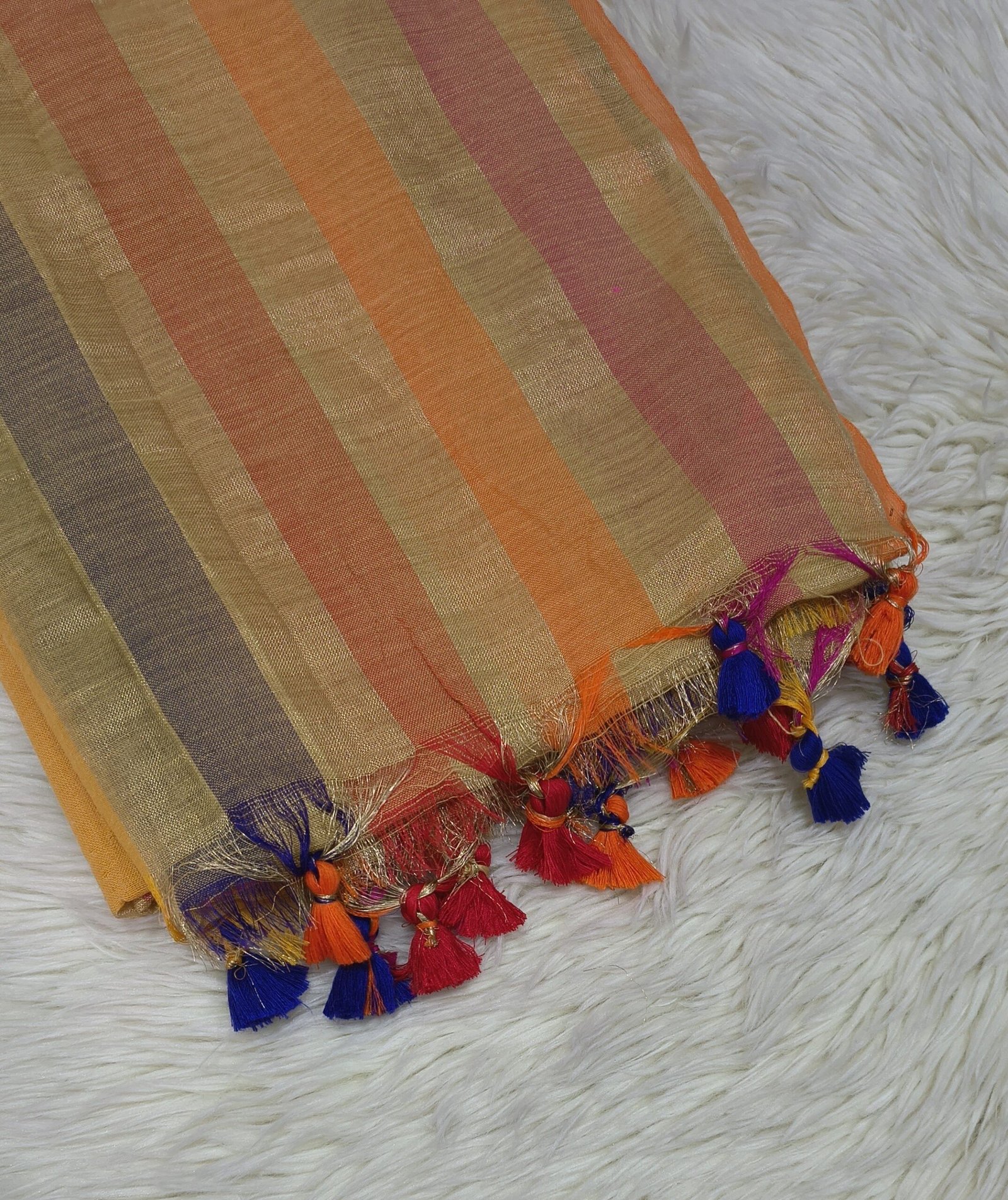 TISSUE COTTON SAREE WITH MULTI COLOUR TASSELS - SAL604 - Image 3