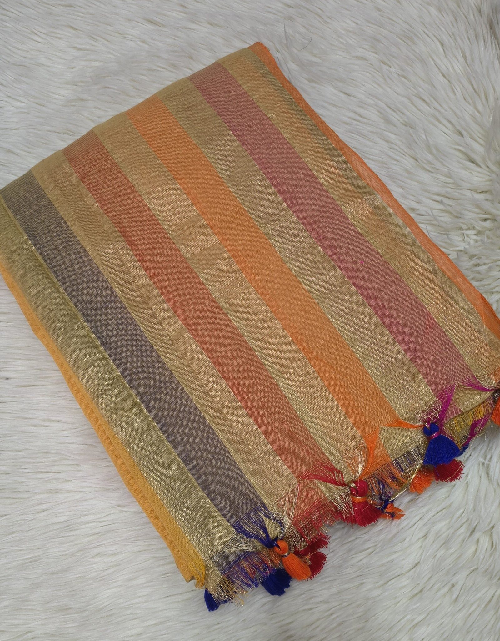 TISSUE COTTON SAREE WITH MULTI COLOUR TASSELS - SAL604