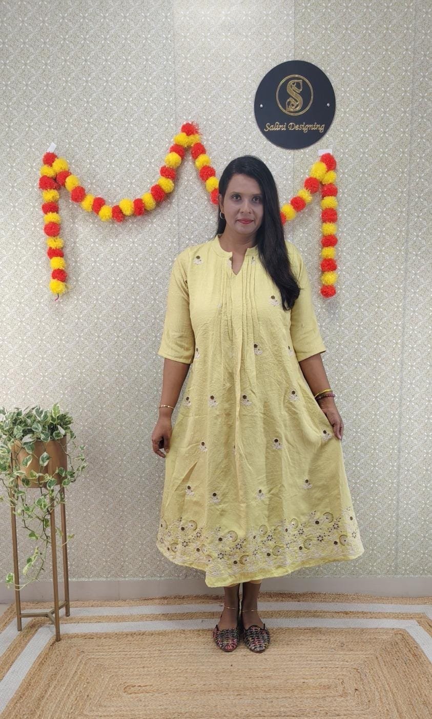 CRUSHED SILK EMBROIDERY ALINE YELLOW KURTI - SAL621