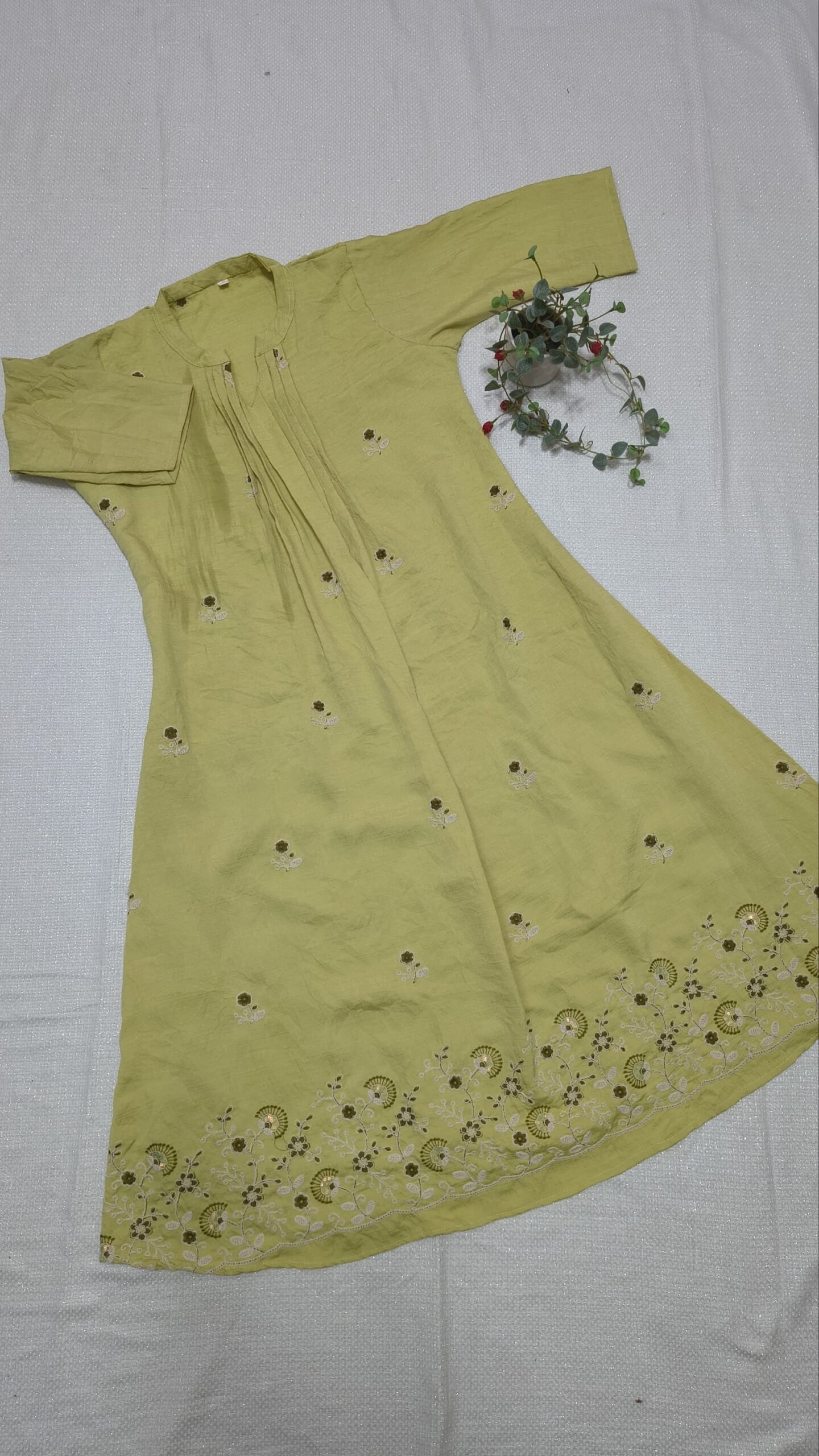 CRUSHED SILK EMBROIDERY ALINE YELLOW KURTI - SAL621 - Image 2